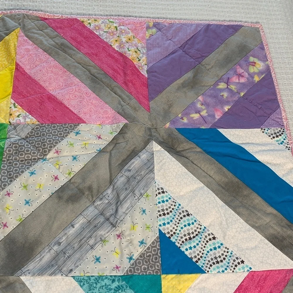 Handmade small lap quilt gray, pink, yellow, blue, purple, green